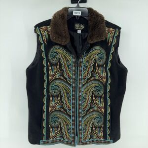 Bob Mackie Vest Womens Large Black Fleece Paisley Embroidered Faux Fur Boho